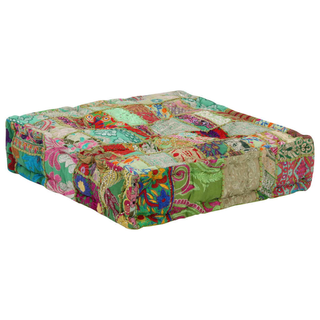 vidaXL Πουφ Patchwork Τετράγωνο Χειροπ. Πράσινο 50x50x12 εκ. Βαμβάκι