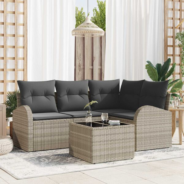vidaXL Σετ Καναπέ Κήπου με μαξιλάρι 5 pcs Ανοιχτό γκρι Πολυ ράταν