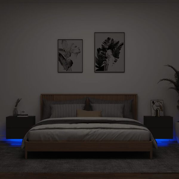 vidaXL Κομοδίνα Επιτοίχια με Φώτα LED 2 τεμ. Μαύρα