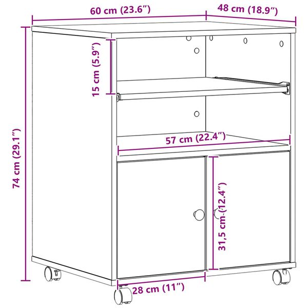 vidaXL Ράφι Εκτυπωτή με Ρόδες Μαύρη Δρυς 60x48x74 εκ.