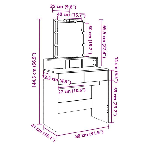 vidaXL Μπουντουάρ με LED Μαύρο 80 x 41 x 144,5 εκ.