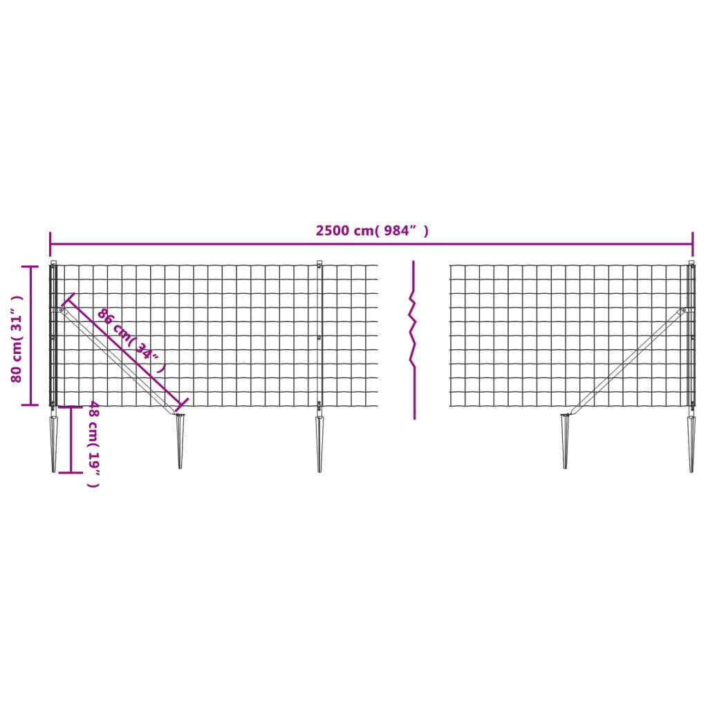 vidaXL Συρματόπλεγμα Περίφραξης Ανθρακί 0,8 x 25 μ. με Καρφωτές Βάσεις