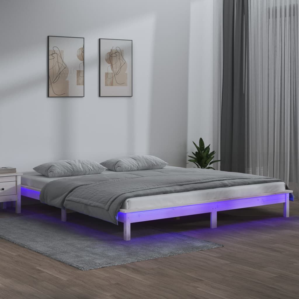 vidaXL Πλαίσιο Κρεβατιού με LED Λευκό 135 x 190 εκ. Διπλό Μασίφ Ξύλο