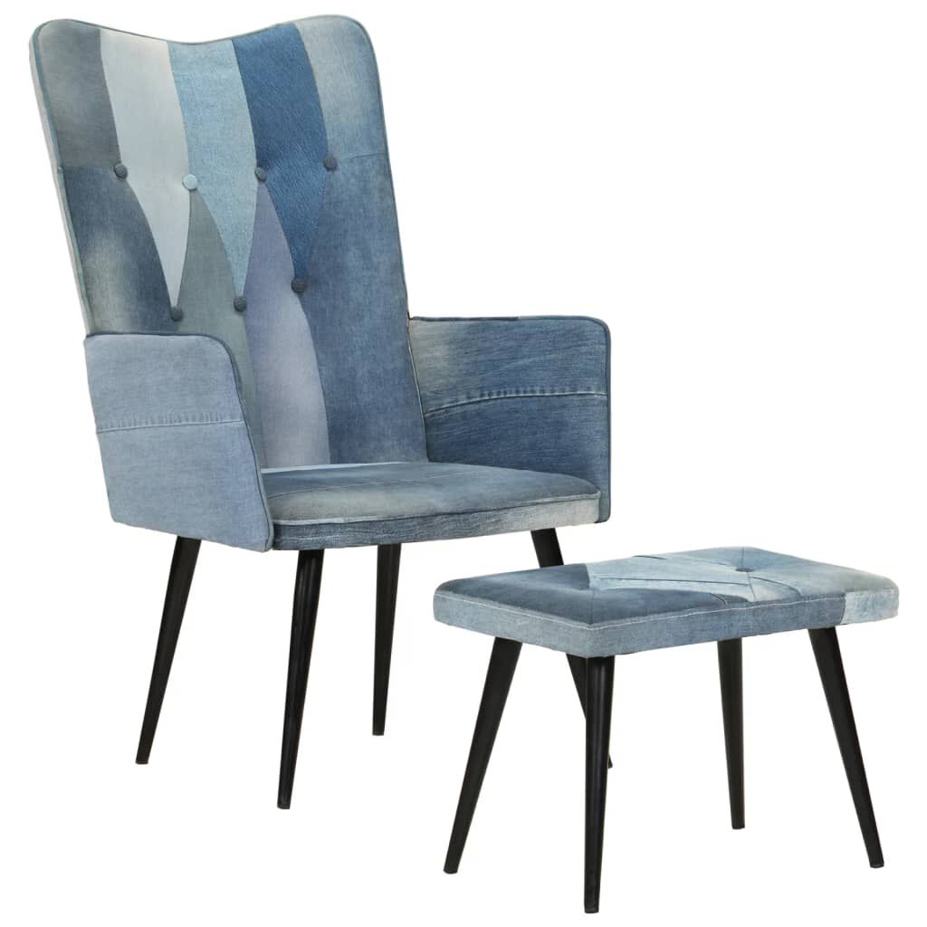 vidaXL Πολυθρόνα Μπλε Denim Patchwork από Καραβόπανο με Υποπόδιο