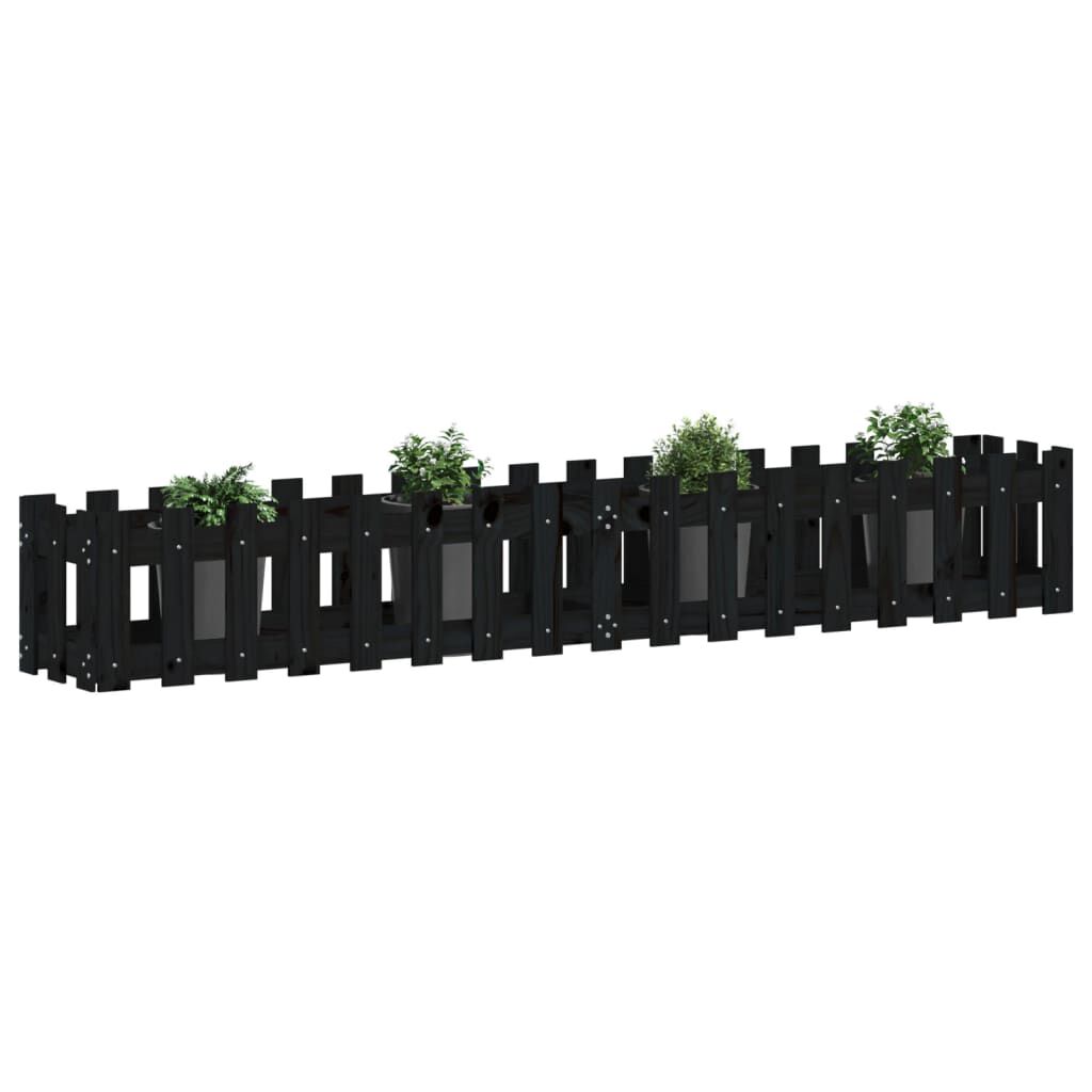 vidaXL Ζαρντινιέρα με Σχέδιο Φράχτη Μαύρη 200x30x30 εκ. Μασίφ Πεύκο