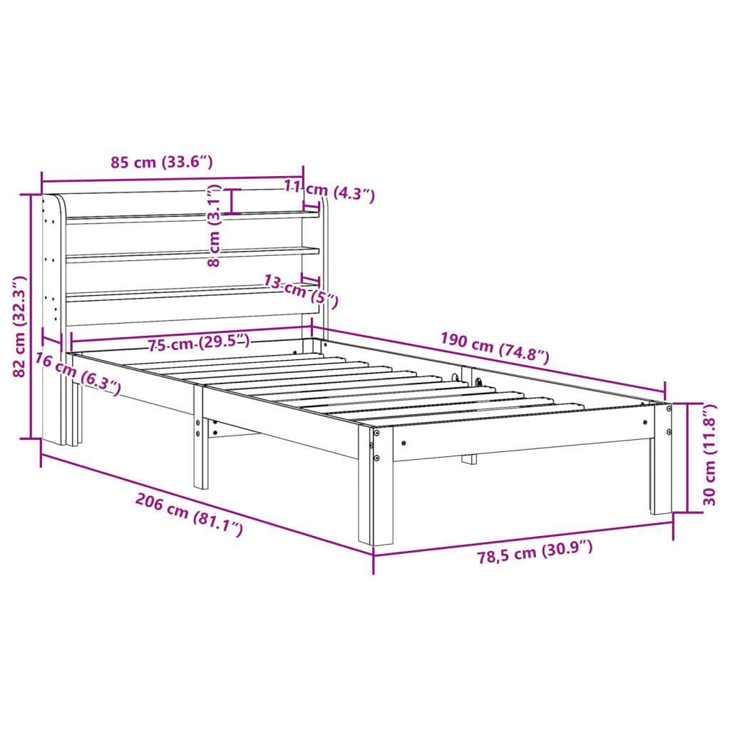 vidaXL Πλαίσιο Κρεβατιού Κεφαλάρι 75x190εκ. Μασίφ Πεύκο