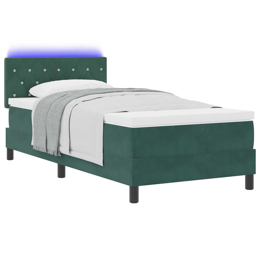 κρεβάτι box spring με μαξιλάρι και LED vidaXL σκούρο πράσινο 90x190 εκ. βελούδο