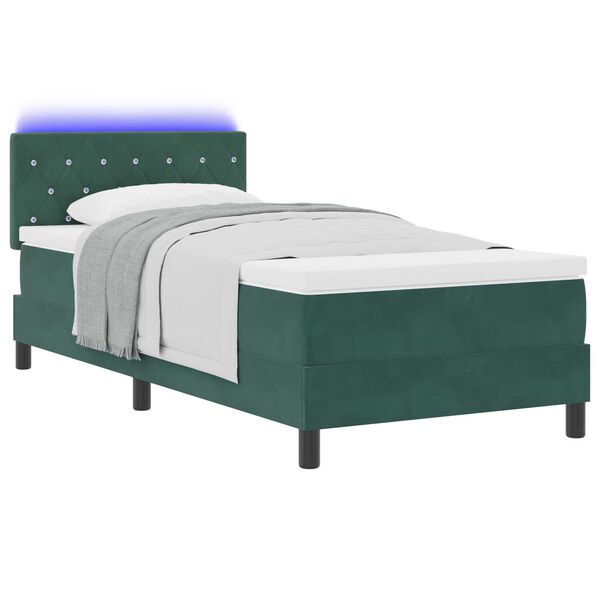 κρεβάτι box spring με μαξιλάρι και LED vidaXL σκούρο πράσινο 90x190 εκ. βελούδο