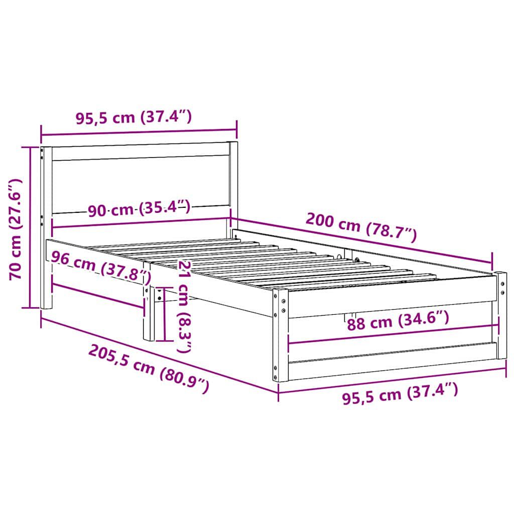 vidaXL Σκελετός Κρεβατιού Καφέ 90 x 200 cm Μασίφ ξύλο πεύκου