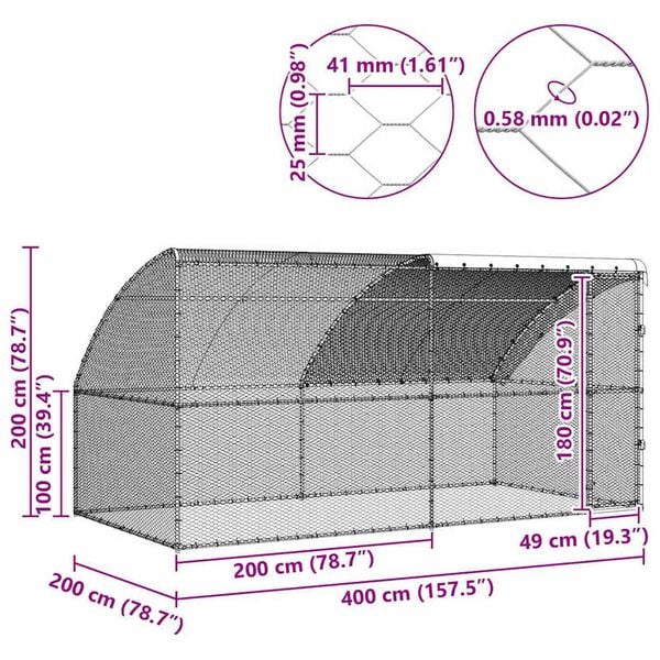 vidaXL Κλουβί για κότες Ασημί 400 x 200 x 198.5 εκ