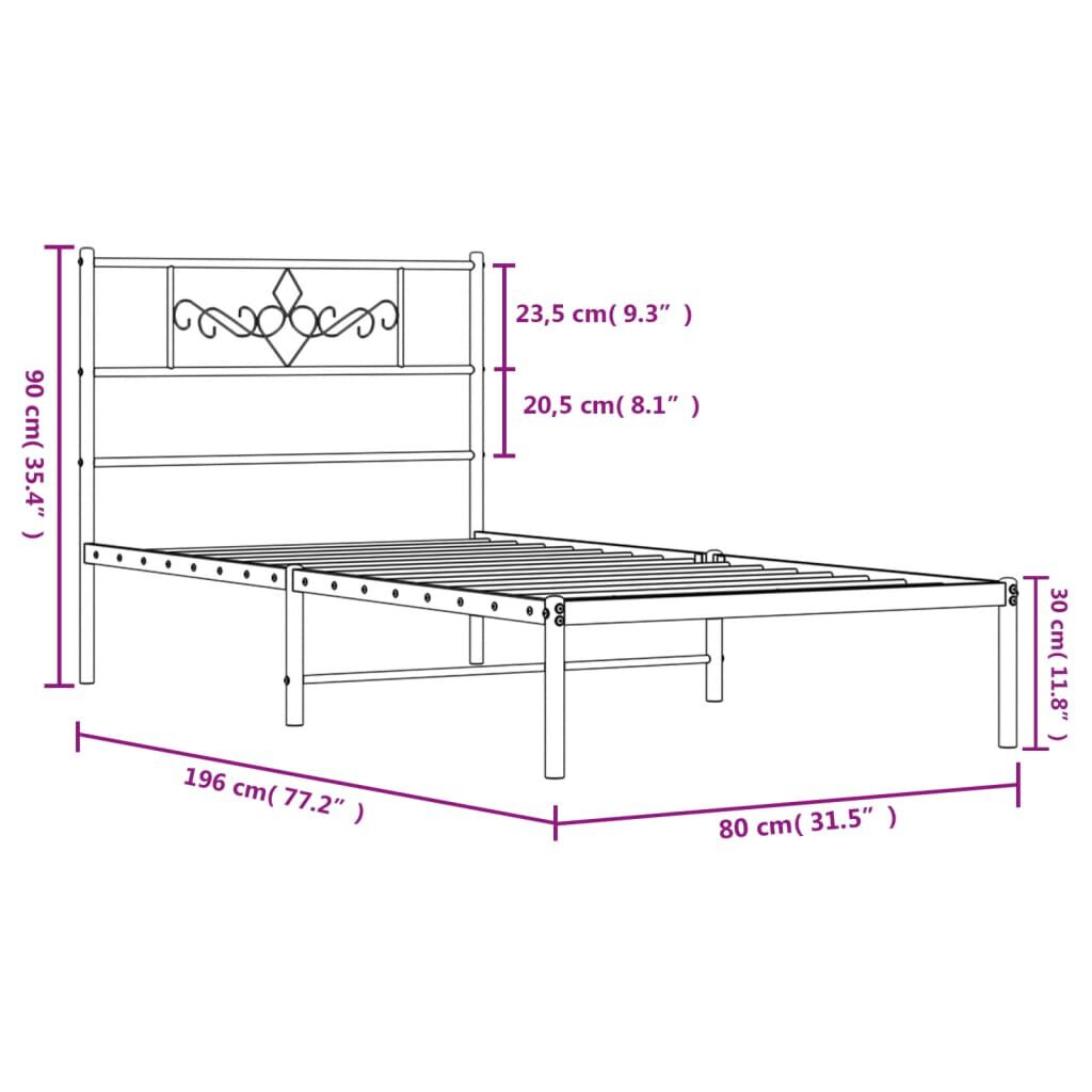 vidaXL Πλαίσιο Κρεβατιού με Κεφαλάρι Μαύρο 75 x 190 εκ. Μεταλλικό