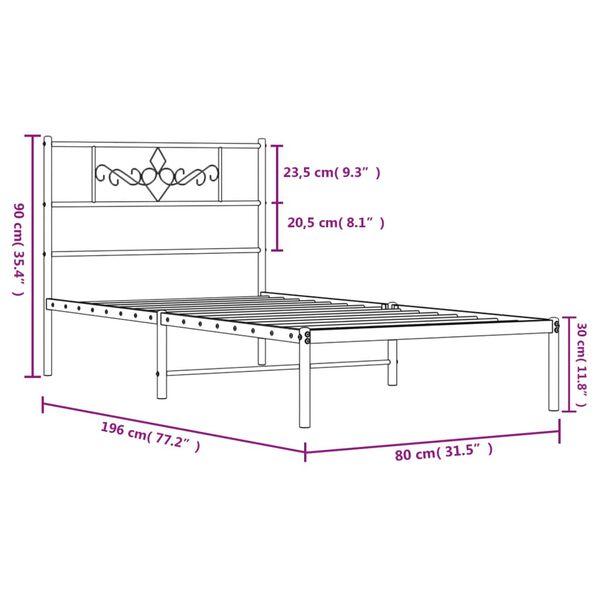 vidaXL Πλαίσιο Κρεβατιού με Κεφαλάρι Μαύρο 75 x 190 εκ. Μεταλλικό