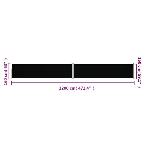 vidaXL Σκίαστρο Πλαϊνό Συρόμενο Μαύρο 160 x 1200 εκ.