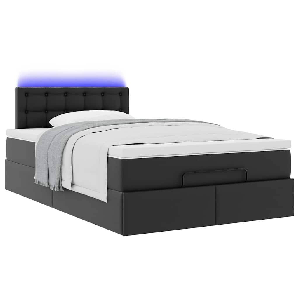 vidaXL Οθωμανικό κρεβάτι με στρώματα & LEDs Μαύρο Faux Leather