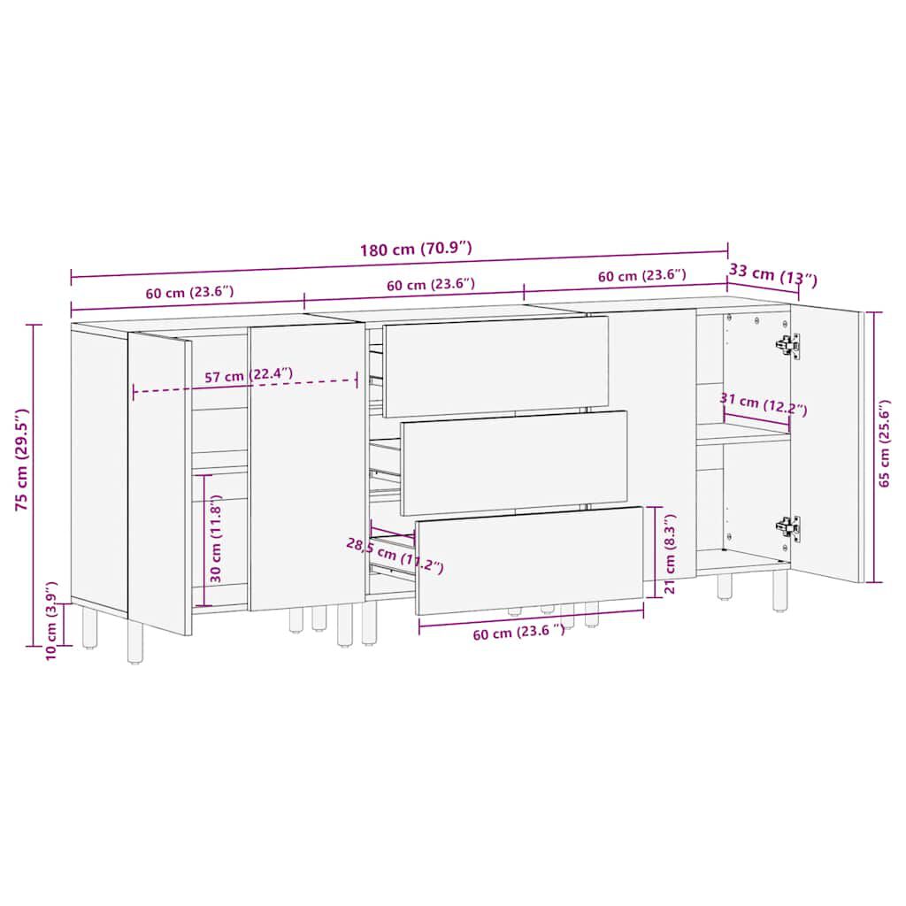 vidaXL 3 τεμαχίων Sideboards καφέ 60x33x75 cm μασίφ ξύλο Mango
