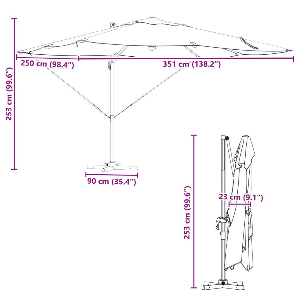 vidaXL Γωνιακή Ομπρέλα Ρώμη με LEDs - Αζούρ, 352x251x265 εκ, Αλουμίνιο