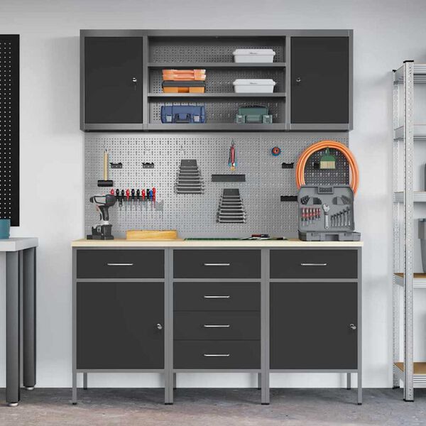 vidaXL Πάγκος εργασίας με συρτάρι 7 pcs Μαύρο 150 x 55 x 200 εκ Ατσάλι