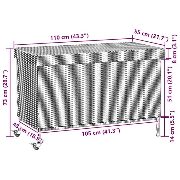 vidaXL κουτί αποθήκευσης κήπου με ρόδες μαύρο 110x55x73 cm