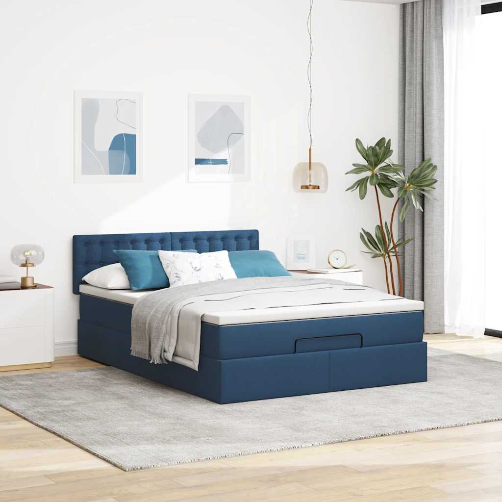 vidaXL Οθωμανικό κρεβάτι με στρώμα & LEDs Μπλε 140x190cm Ύφασμα