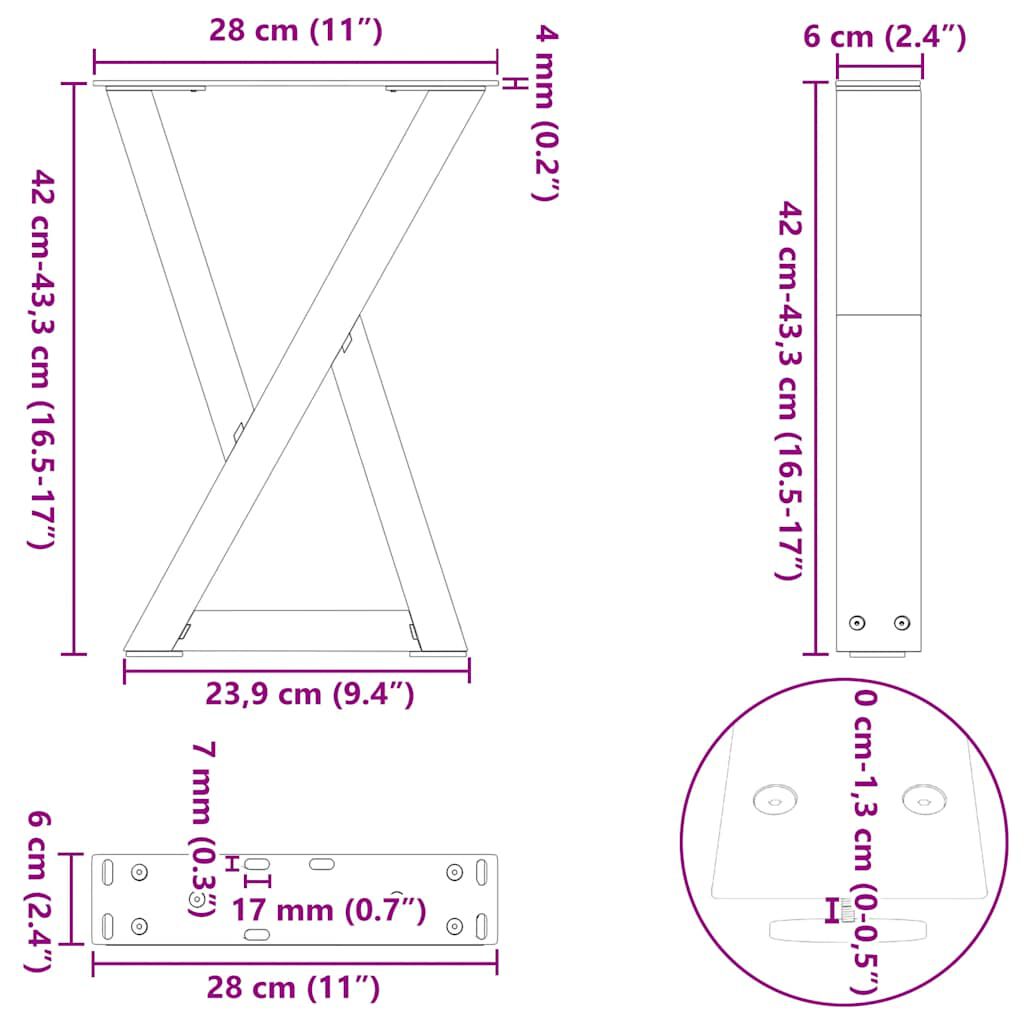 vidaXL Πόδια τραπεζιού σαλονιού 2 τεμάχια Μαύρο 28x(42-43,3) cm Ατσάλι