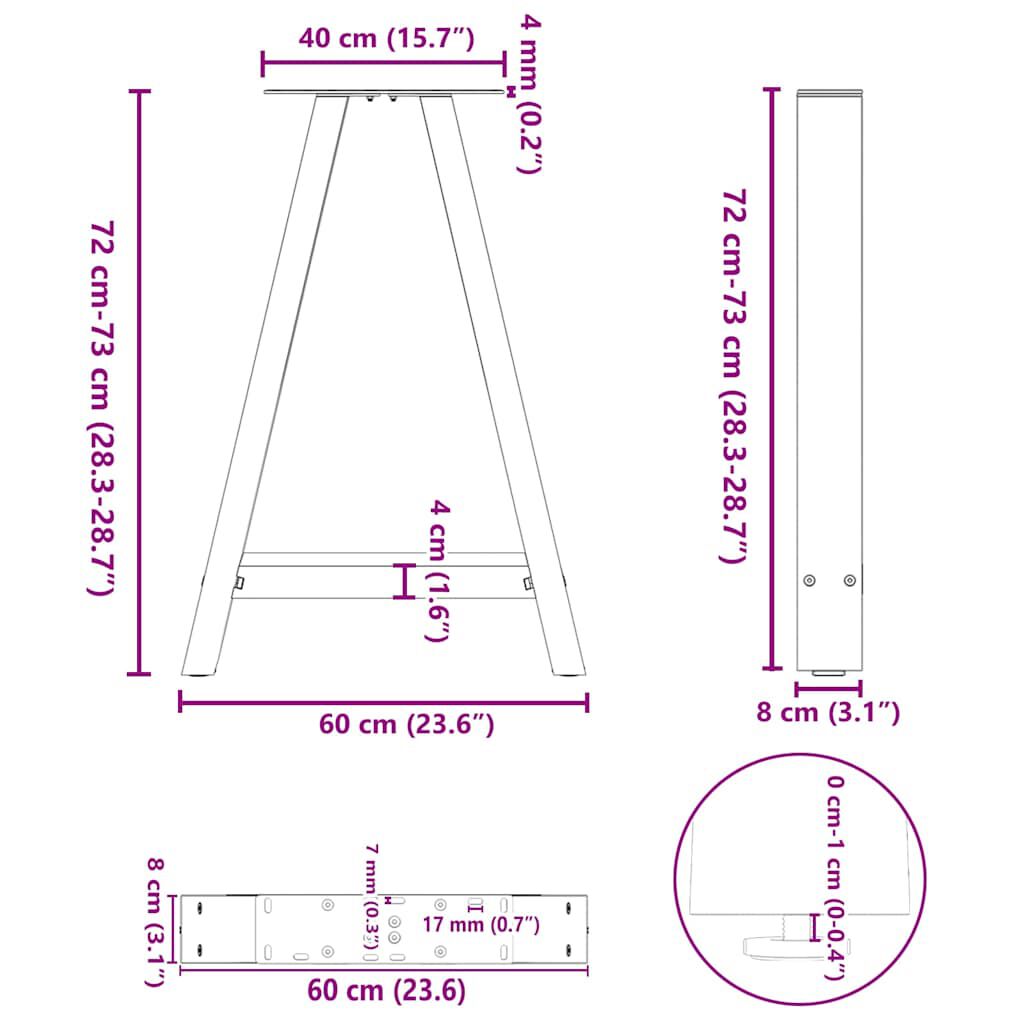 vidaXL Πόδια Τραπεζαρίας σε Σχήμα Α, 2 τεμ. Λευκά 60x(72-73) εκ. Ατσάλι