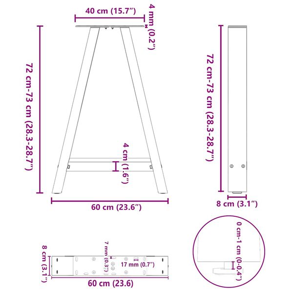 vidaXL Πόδια Τραπεζαρίας σε Σχήμα Α, 2 τεμ. Λευκά 60x(72-73) εκ. Ατσάλι