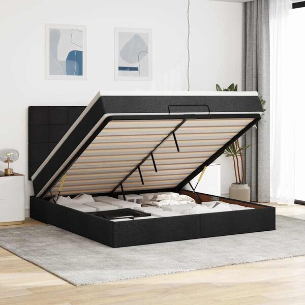 vidaXL Οθωμανικό κρεβάτι με στρώμα Μαύρο 180x200cm Ύφασμα