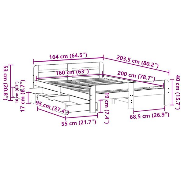 vidaXL Σκελετός Κρεβατιού Χωρίς Στρώμα 160x200 εκ Μασίφ Ξύλο Πεύκου