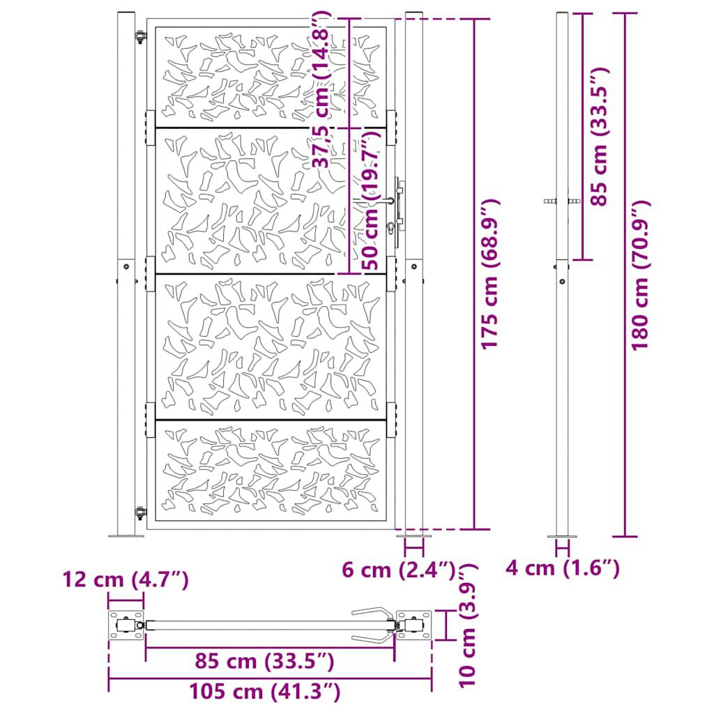 vidaXL Πύλη κήπου Μαύρη 105x180 cm Σχεδιασμός φύλλων χάλυβα