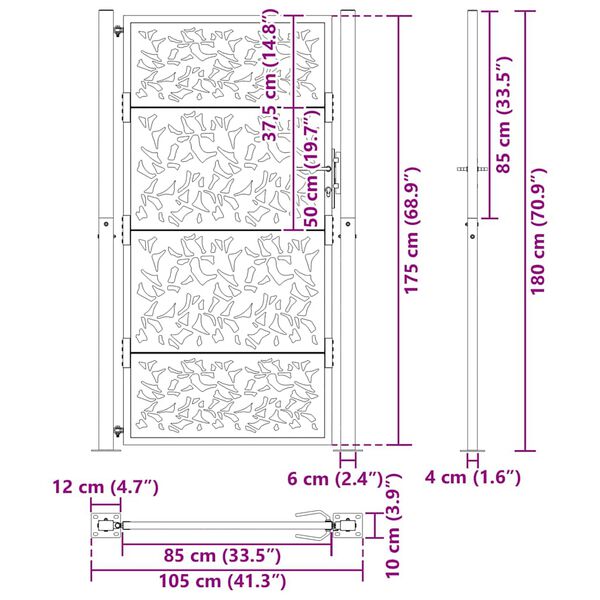 vidaXL Πύλη κήπου Μαύρη 105x180 cm Σχεδιασμός φύλλων χάλυβα