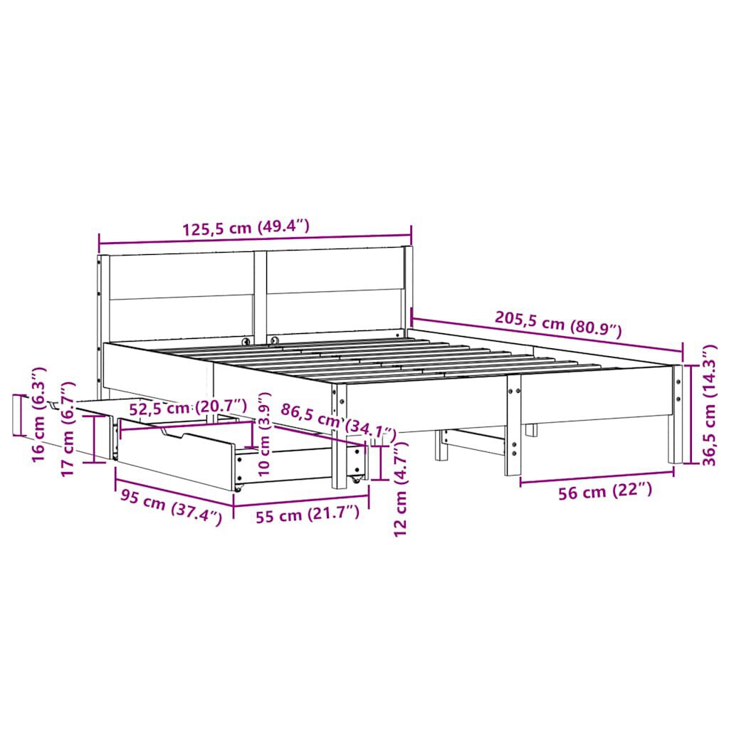vidaXL Σκελετός Κρεβατιού Χωρίς Στρώμα 120x200 εκ Μασίφ Ξύλο Πεύκου