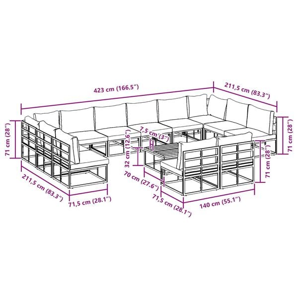 vidaXL Σετ Καναπέ Κήπου 13 pcs Μαύρο 70 x 70 x 32 εκ Αλουμίνιο