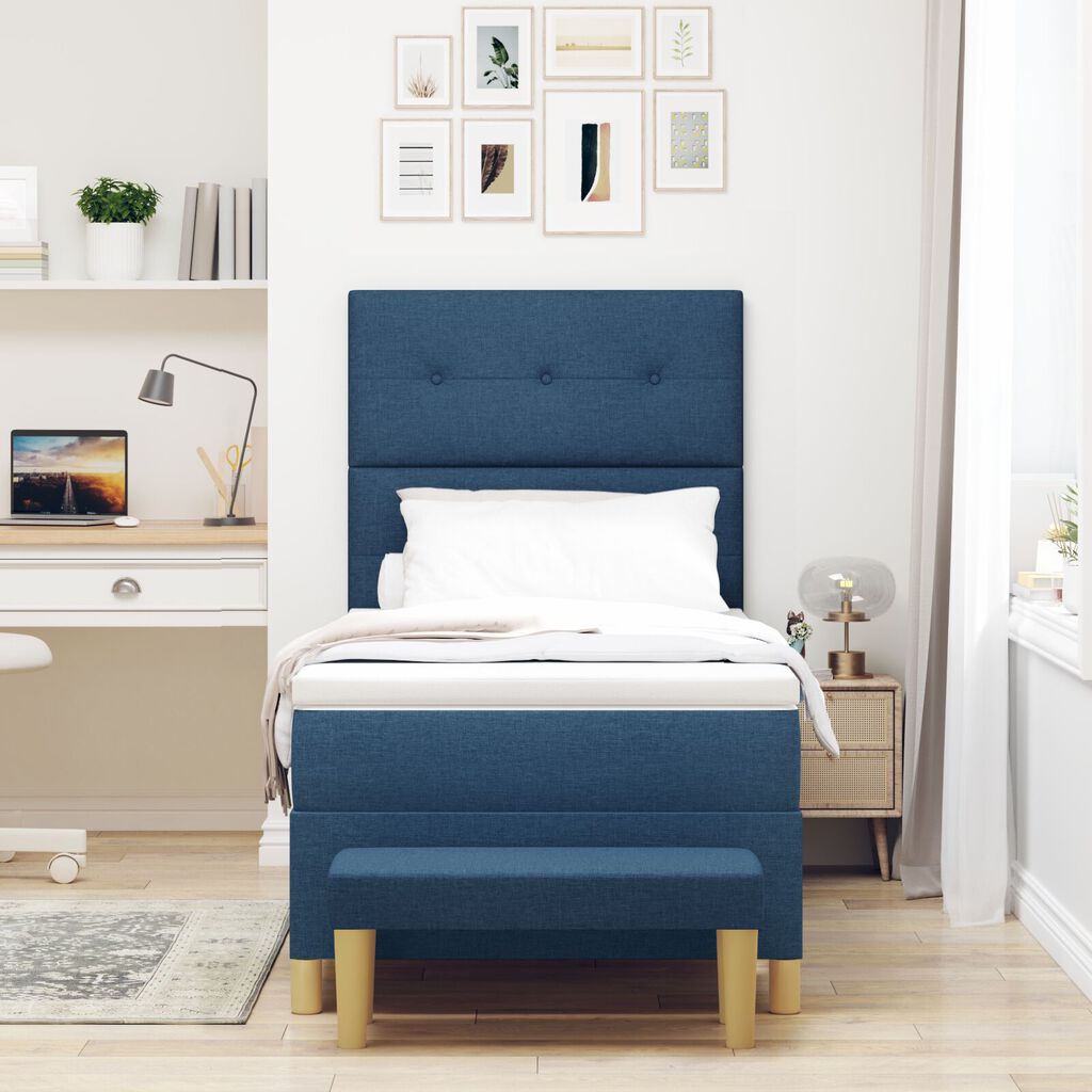 vidaXL Κρεβάτι Box Spring με Στρώμα & Πάγκο Μπλε 90x190 εκ. Υφάσματος