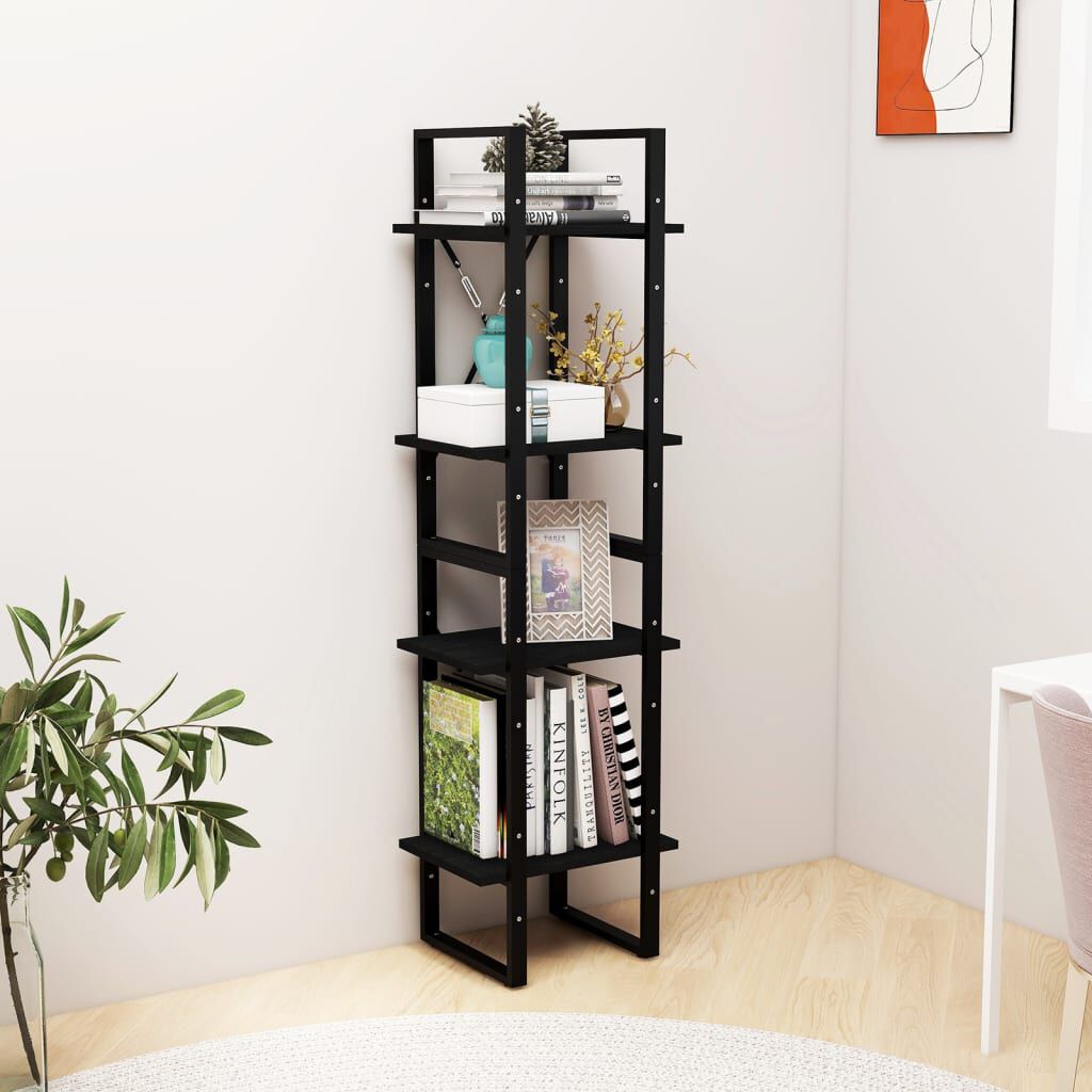 vidaXL Βιβλιοθήκη με 4 Ράφια Μαύρη 40x30x140 εκ. από Μασίφ Ξύλο Πεύκου