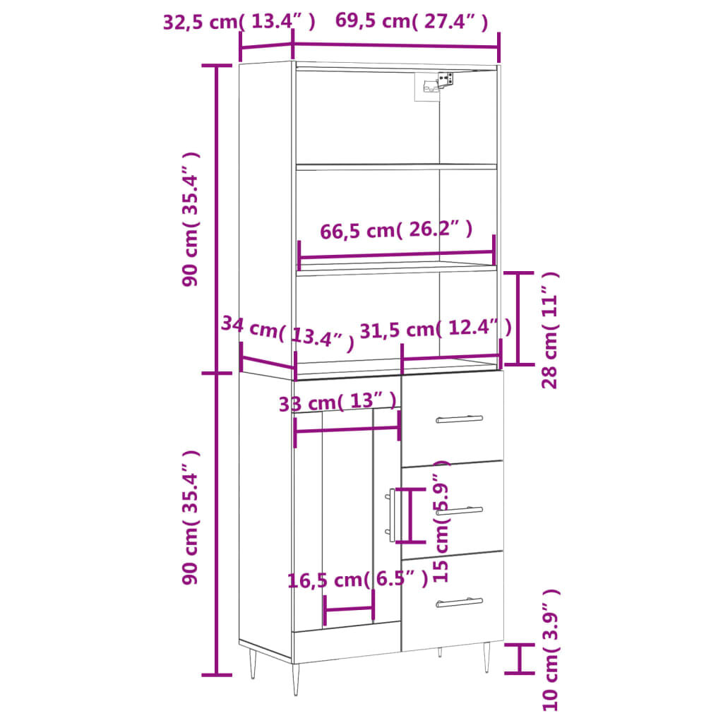 vidaXL Ντουλάπι Λευκό 69,5x34x180 εκ. από Επεξεργασμένο Ξύλο