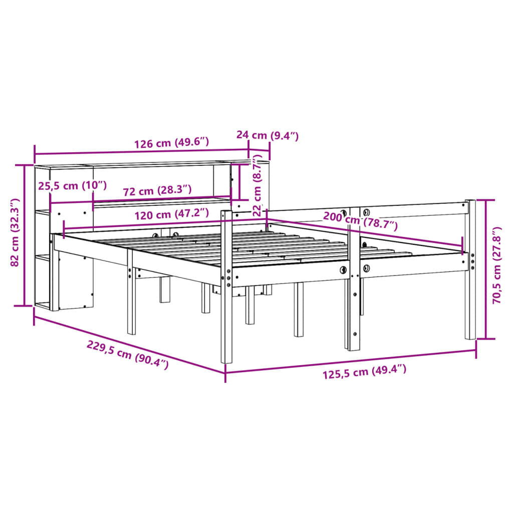 vidaXL Κρεβάτι Βιβλιοθήκη Χωρίς Στρώμα Καφέ 120x200 εκ Μασίφ Πεύκο