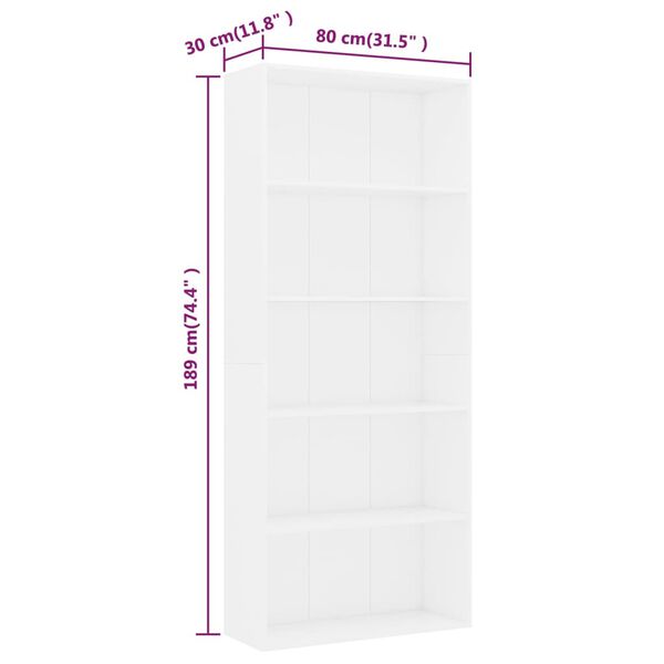 vidaXL Βιβλιοθήκη με 5 Ράφια Λευκή 80 x 30 x 189 εκ. Επεξ. Ξύλο