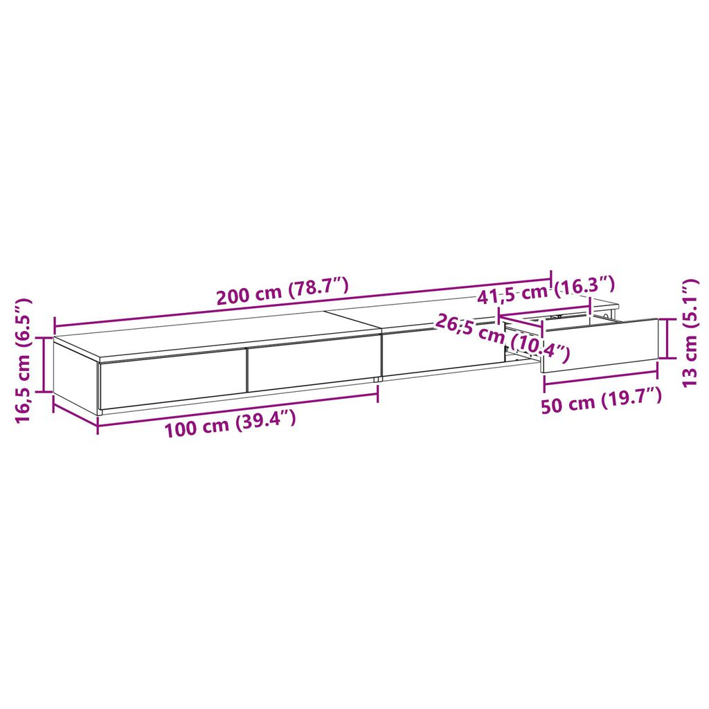 vidaXL Συρτάρια Κρεβατιού Γκρι Σκυρόδεμα 200x36,5x16,5 εκ. MDF