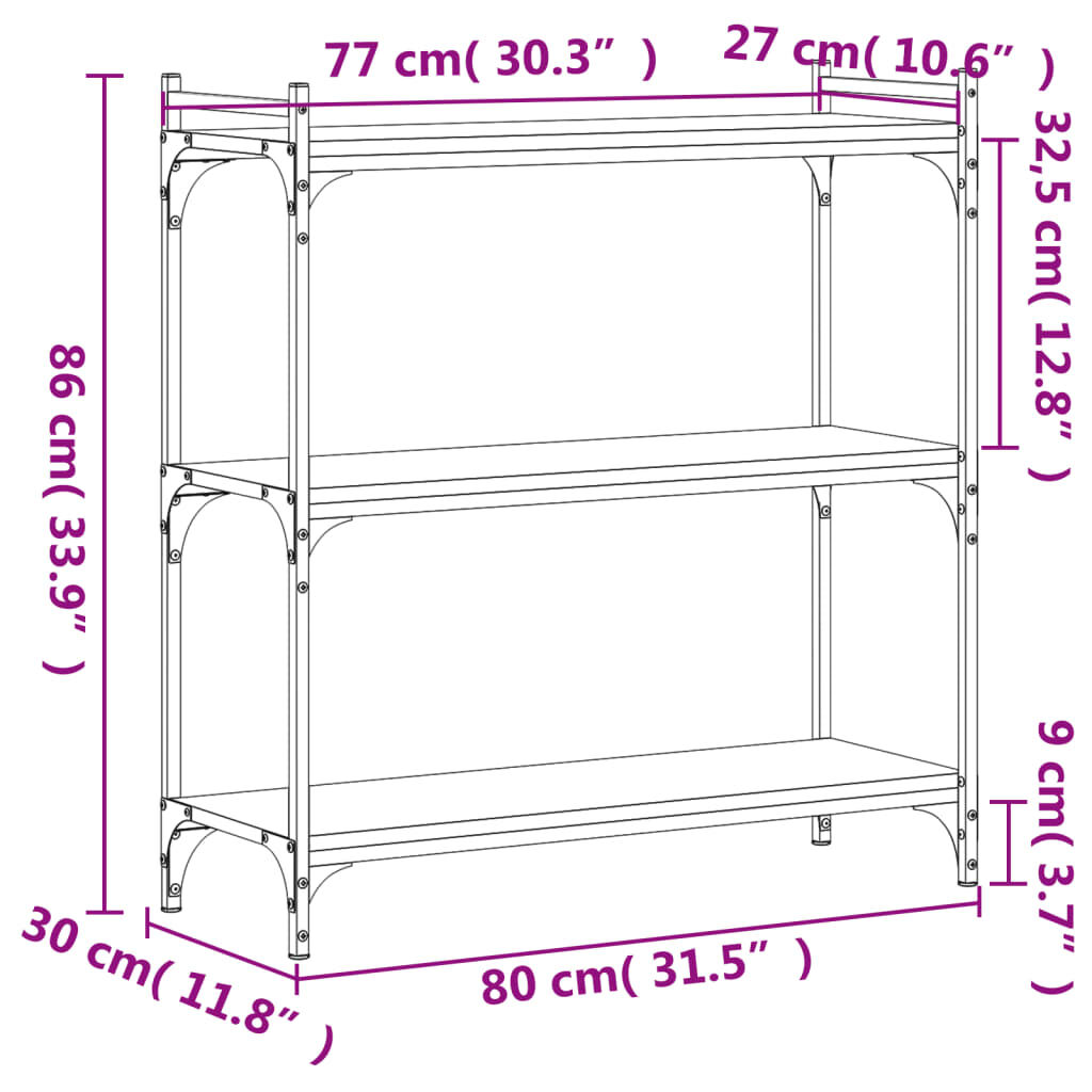 vidaXL Βιβλιοθήκη 3 Επιπέδων Sonoma Δρυς 80x30x86 εκ. Επεξεργ. Ξύλο