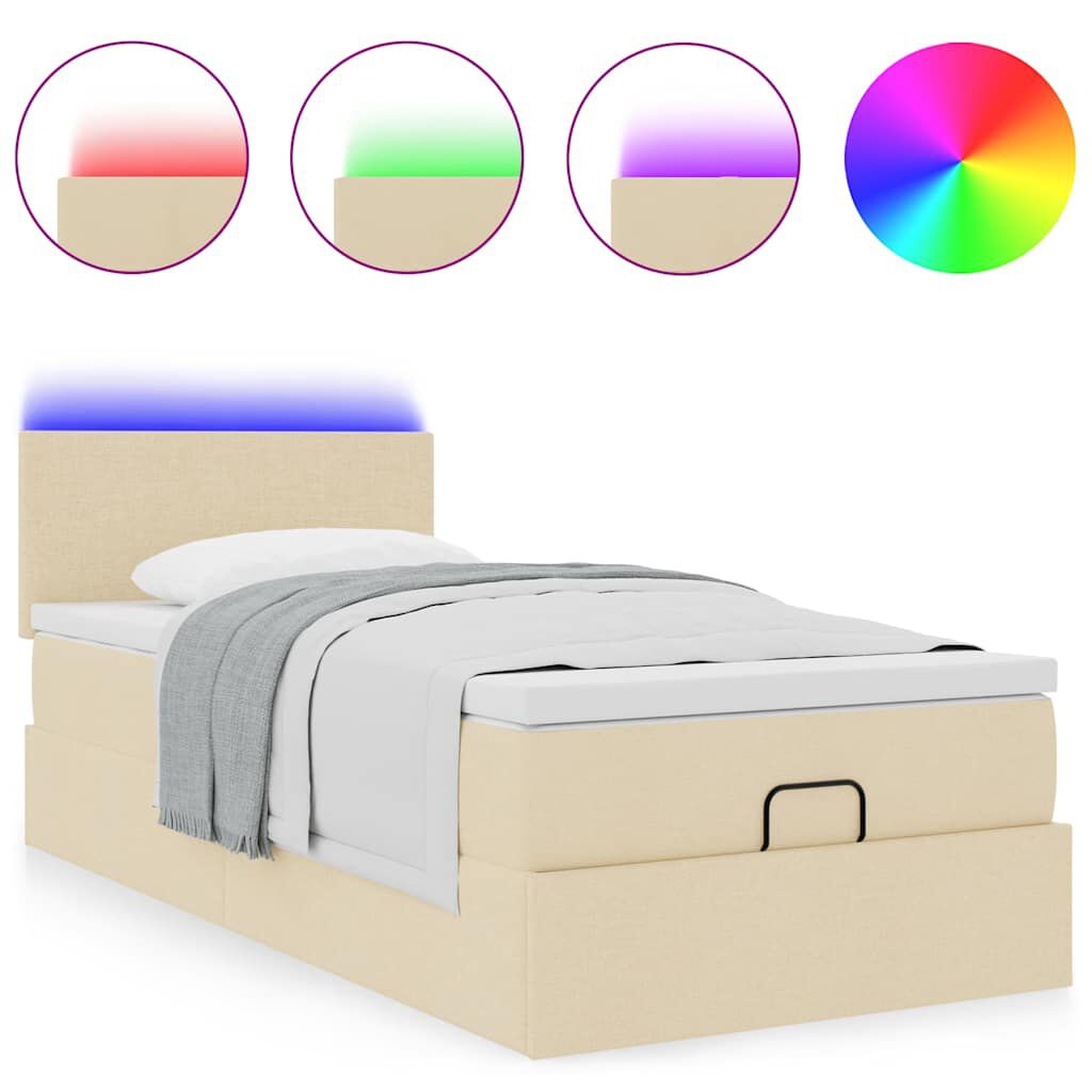 vidaXL Οθωμανικό κρεβάτι με στρώμα & LEDs Cream 90x200 cm Ύφασμα