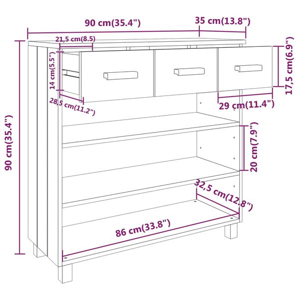 vidaXL Τραπέζι Κονσόλα HAMAR Σκ. Γκρι 90x35x90 εκ. Μασίφ Ξύλο Πεύκου