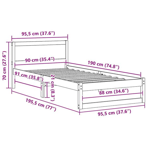 vidaXL Σκελετός Κρεβατιού Καφέ 90 x 190 cm Μασίφ ξύλο πεύκου
