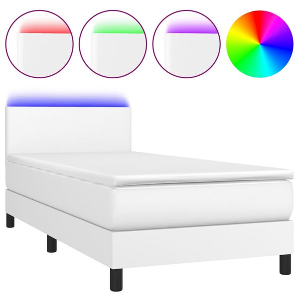 vidaXL Κρεβάτι Boxspring με Στρώμα & LED Λευκό 90x200 εκ. Συνθ. Δέρμα