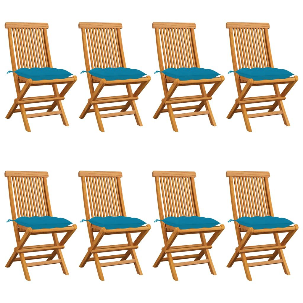 vidaXL Καρέκλες Κήπου 8 τεμ. από Μασίφ Ξύλο Teak με Γαλάζια Μαξιλάρια