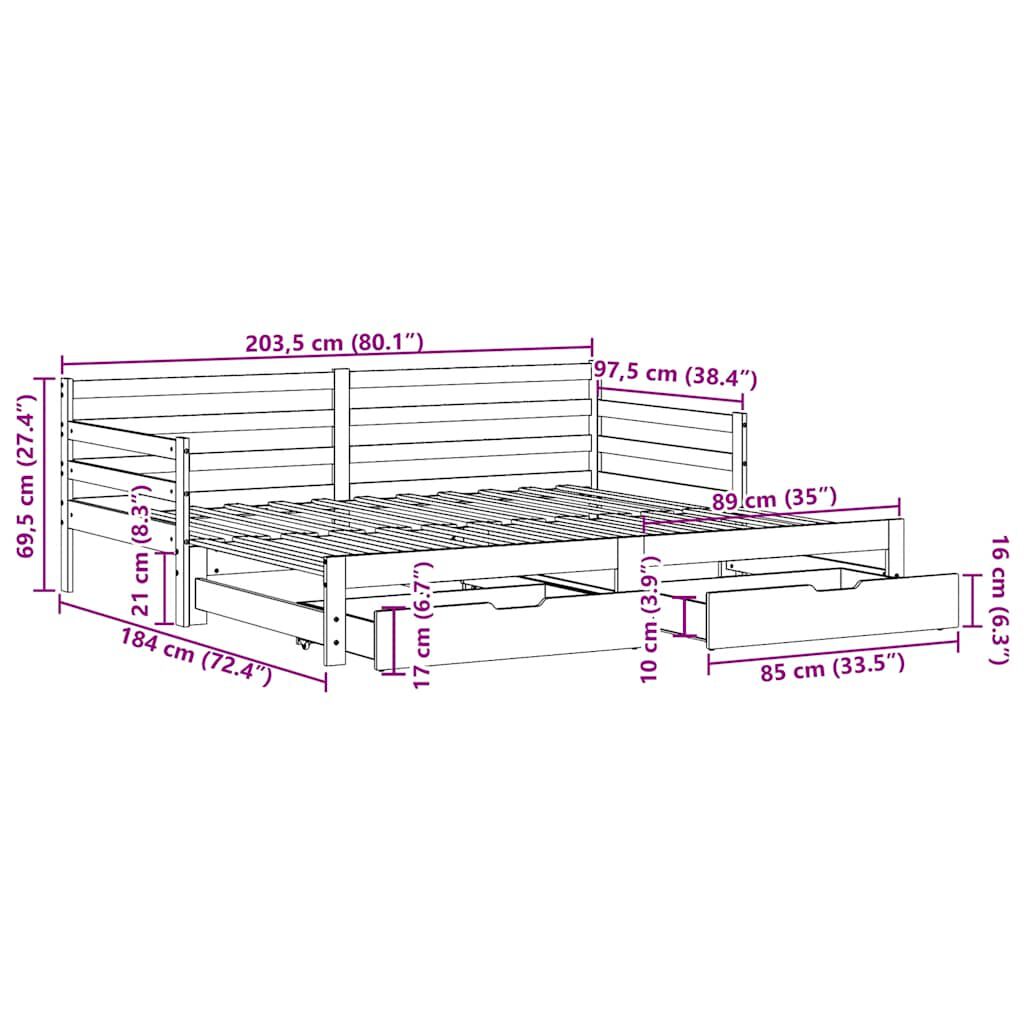 vidaXL Καναπές Κρεβάτι Συρόμενος Χωρίς Στρώμα 90x200 εκ. & Συρτάρια
