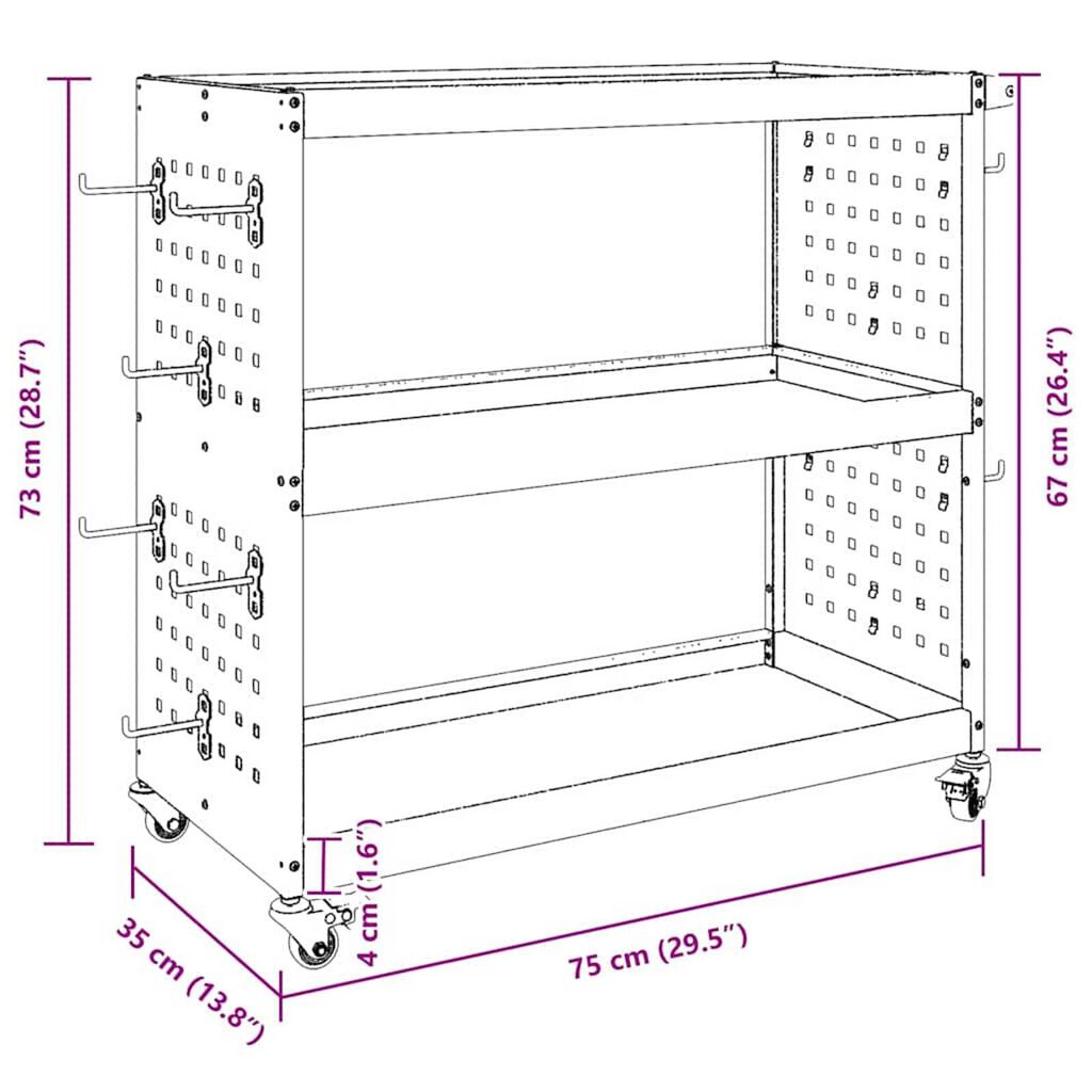 vidaXL Καρότσι εργαλείων με ράφι Μαύρο 75 x 35 x 73 εκ. Κρύα χάλυβας