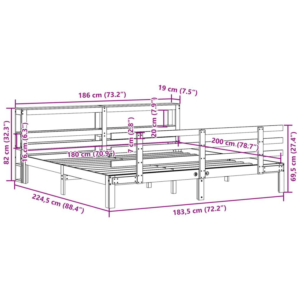 vidaXL Πλαίσιο Κρεβατιού με Κεφαλάρι 180x200 εκ. από Μασίφ Ξύλο Πεύκου