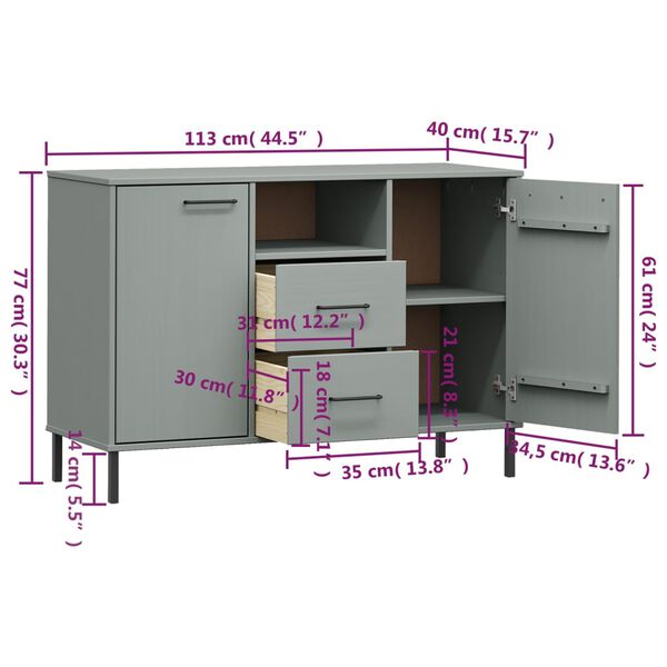 vidaXL Ντουλάπι OSLO Γκρι 113x40x77 εκ. Μασίφ Ξύλο με Μετ. Πόδια