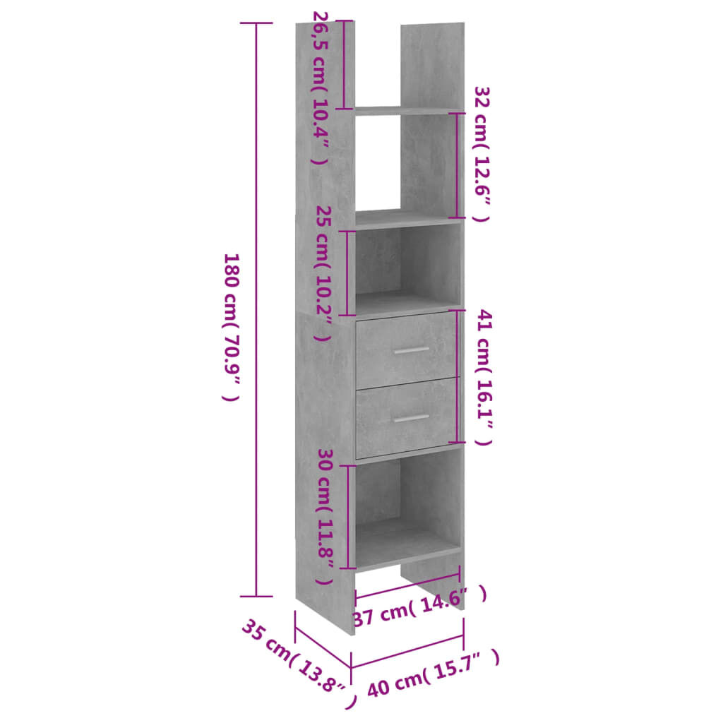 vidaXL Βιβλιοθήκη Γκρι Σκυροδέματος 40 x 35 x 180 εκ. από Επεξ. Ξύλο