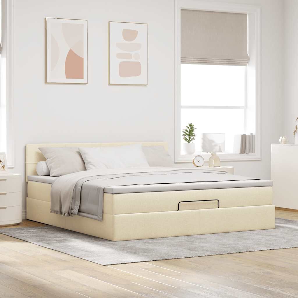 vidaXL Οθωμανικό κρεβάτι με στρώμα & LEDs Cream 160x200cm ύφασμα
